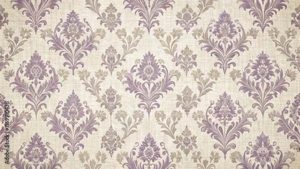 Fototapeta Delicate lavender floral damask fabric pattern on a neutral beige background, pattern, purple,  pattern, purple,damask, fabric