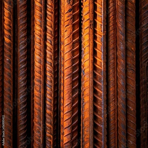 Fototapeta Detailed closeup of rust-covered steel rebar with warm lighting, highlighting texture and patterns in a construction setting.