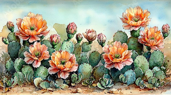 Fototapeta Watercolor painting of prickly pear cactus in bloom.