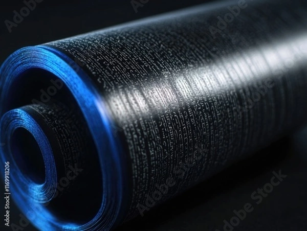 Fototapeta Blue and black spiral roll of paper with a lot of writing on it. The writing is in a foreign language and he is a code. Scene is mysterious and intriguing