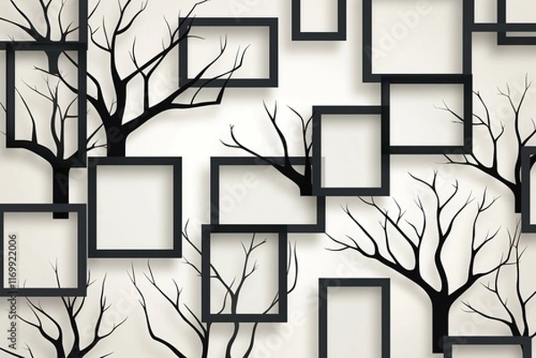 Fototapeta 3D wallpaper featuring seamless pattern black geometric squares with a silhouetted naked tree against a white background. Perfect for decorative purposes, living room walls, and interior design.