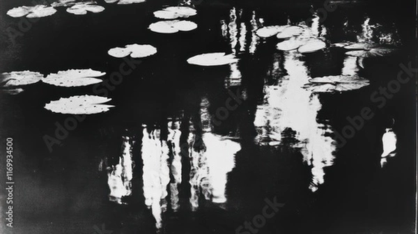 Fototapeta Abstract black and white photo of lily pads and reflections in dark water.