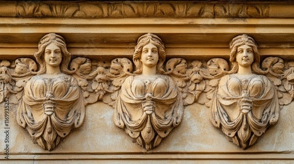 Fototapeta Ornate Architectural Relief of Three Angelic Figures in Stone