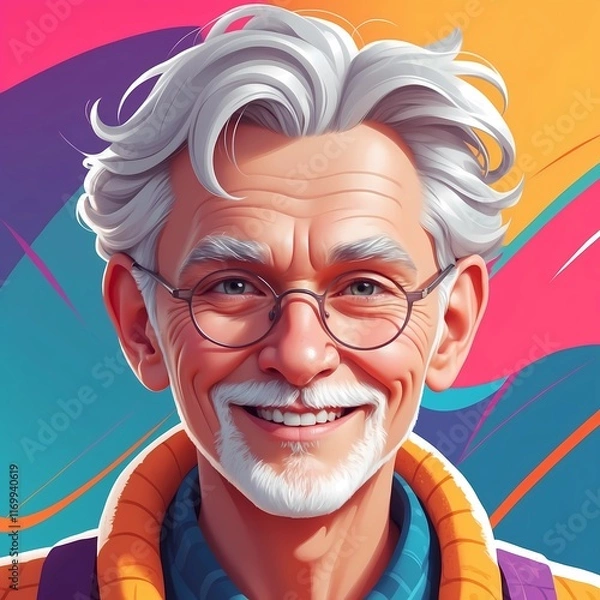 Fototapeta Playful Digital Old Man Portrait Illustration with Smooth Shading and Lively Colors