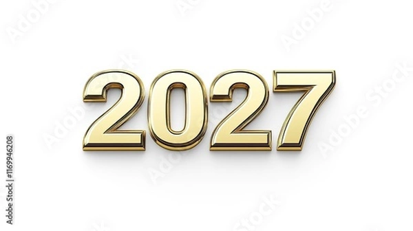 Fototapeta Golden color "2027" font on a solid white background, with a clean and elegant design. The bold and shimmering gold numbers stand out against the simple, pristine white backdrop, 