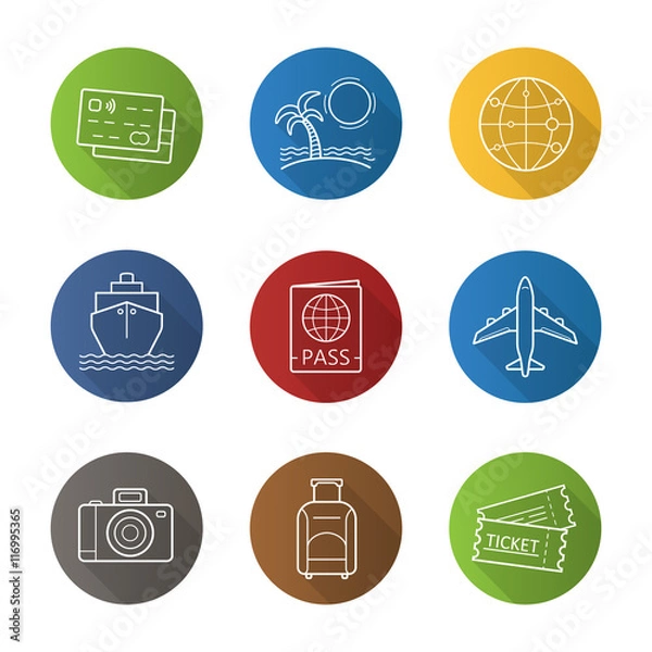 Fototapeta Vacation and travelling flat linear long shadow icons set