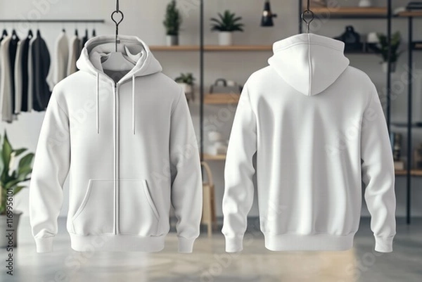 Fototapeta A white zip-up zipped hoodie mockup displayed from the front and back, hanging in a modern, stylish room with plants and shelves in the background. Sweatshirt with hood long sleeve for print.