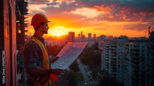 Fototapeta A construction worker stands on a building reviewing blueprints against a vibrant sunset over a cityscape. Inspection. Construction manager inspecting quality of construction