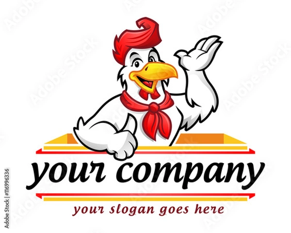 Obraz Logo z kurczaka, maskotka z kurczaka, charakter kurczaka. Nadaje się do logo restauracji. Wektor charakteru kurczaka.