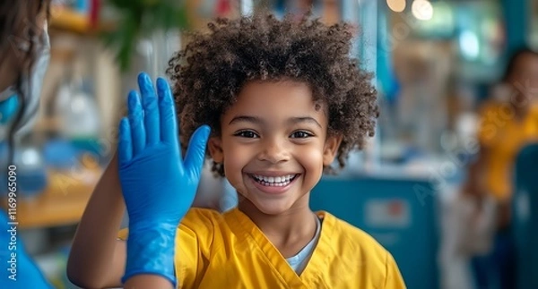 Fototapeta A cheerful child in a medical setting gives a high-five.