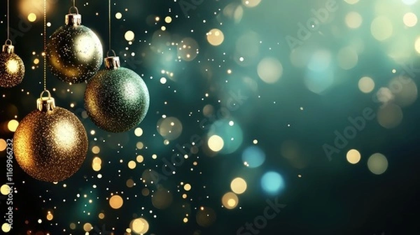 Fototapeta Dark green holiday background with glowing golden baubles and faint twinkling lights for an elegant effect. No text, no people.