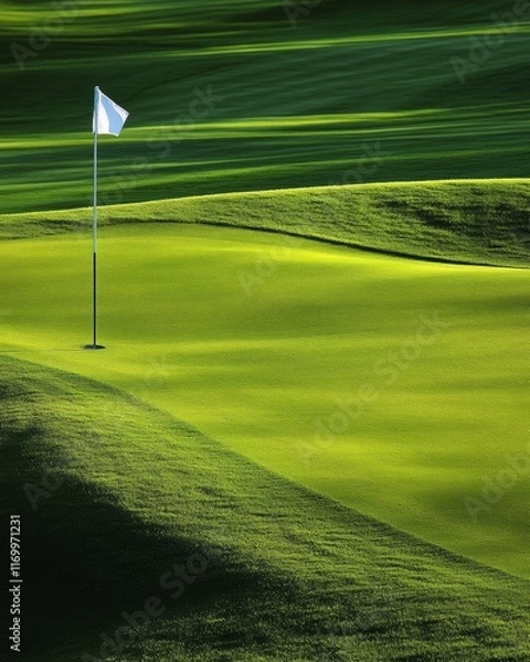 Fototapeta Beautiful green golf course with a flag.