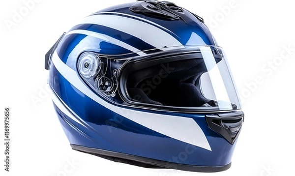 Obraz A blue and white motorcycle helmet designed for safety and style.