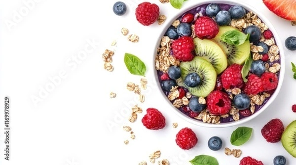 Fototapeta Vibrant acai bowl topped with fresh fruits and granola, isolated on a white background with ample space for text