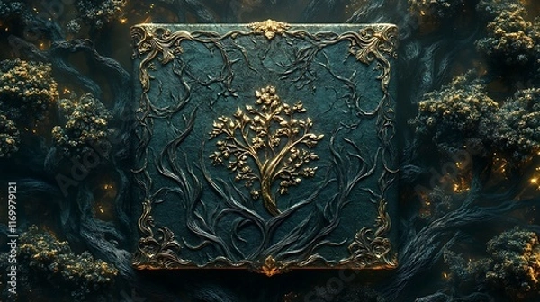 Fototapeta A fantasy-themed book cover with a detailed illustration of a mystical forest in deep greens and golds, centered around a glowing silver emblem, embossed typography in elegant script,