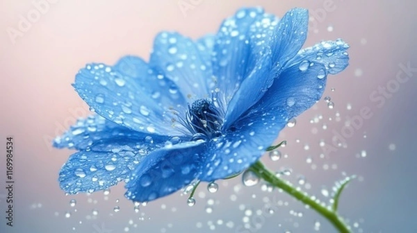 Fototapeta Blue flower with water droplets; fresh and vibrant. Perfect for websites, blogs, or projects needing a serene, natural feel.