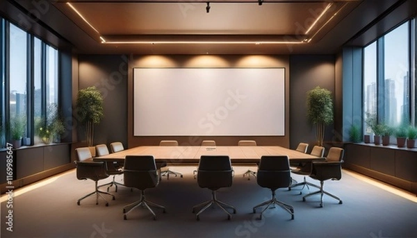 Fototapeta An illuminated meeting room with a blank wall awaits addition of personalized decor