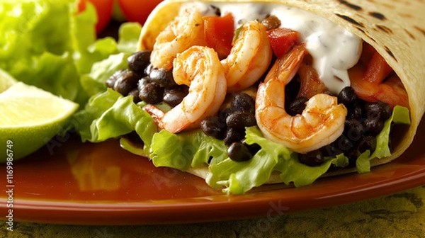 Fototapeta Close-Up of a Shrimp and Black Bean Burrito