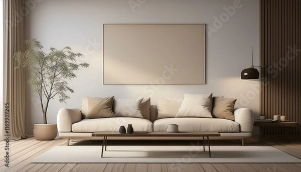 Fototapeta A modern living room with a beige couch and an empty white wall provides a blank canvas
