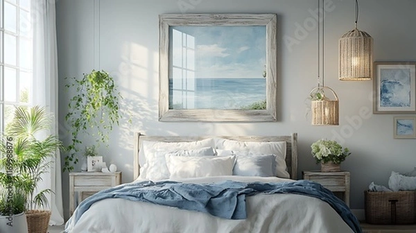 Fototapeta A rustic rectangular mirror with a distressed wooden border painted with soft pastel ocean scenes, hanging in a coastal-style bedroom, diffused sunlight highlighting the artistic texture,