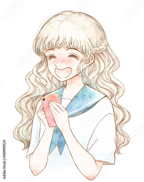 Obraz レトロ風・好きな人からメッセージが来て喜ぶセーラー服美少女