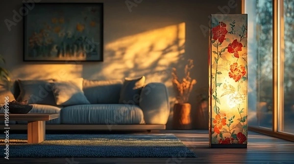 Fototapeta A sleek rectangular lampshade, adorned with intricate floral patterns in vibrant hues of red, green, and gold, softly illuminated in a modern living room setting,