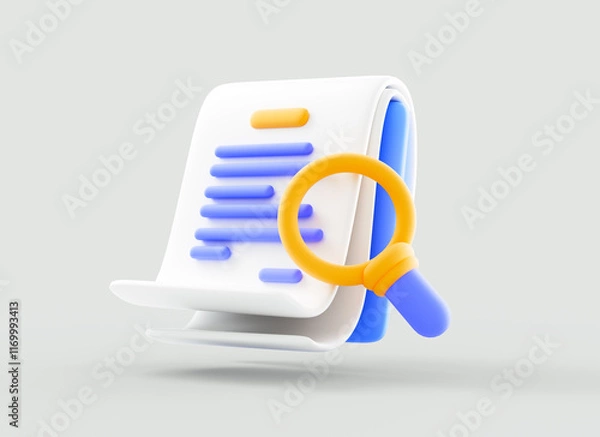 Fototapeta 3D Media file management icon. Searching image and video files in database. Search file document. 3D magnifying icon rendering illustration