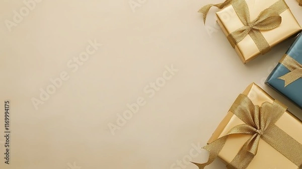 Obraz Elegant gold and teal gift boxes on beige background