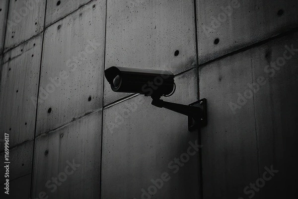 Fototapeta Security camera on concrete wall, urban background, surveillance