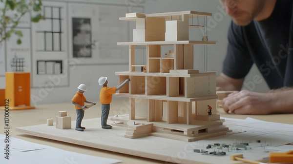 Fototapeta Detailed Architectural Model Construction with Miniature Workers Enhances Design Visualization and Planning Process