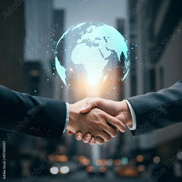 Obraz Business people shaking hands with a globe symbolizing global cooperation and partnership