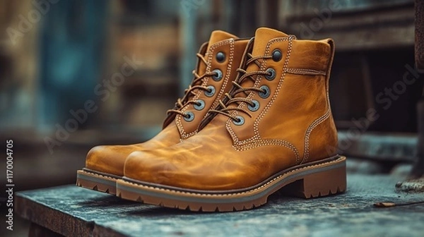 Fototapeta Stylish Brown Leather Boots On Rustic Surface