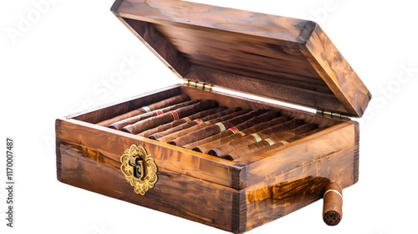 Fototapeta Open Wooden Humidor Filled with Cigars on transparent background.PNG