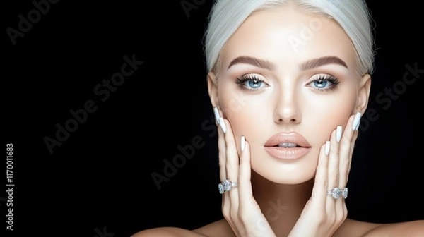 Obraz Elegant beauty portrait of a woman with flawless skin and diamond rings on black background
