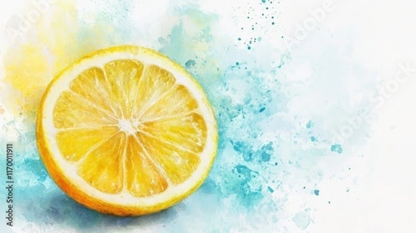 Fototapeta Refreshing lemon with vibrant yellow peel watercolor technique layered on a gradient background of soft teal and white accents artistic summer vibe beautiful textures