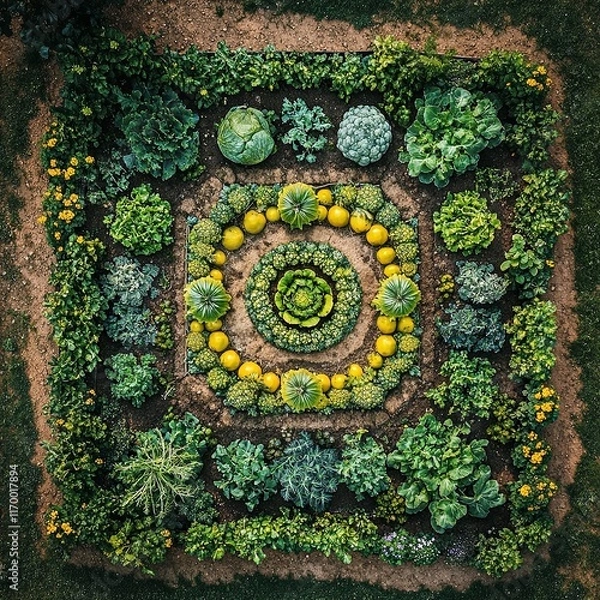 Fototapeta A garden bed with vegetables forming natural mandalas, drone photography capturing symmetry and texture.