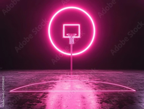 Fototapeta Neon Basketball Hoop Glow in Dark Urban Setting with Reflection