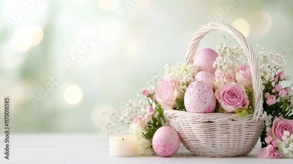 Obraz Elegant easter basket with pink eggs and roses on a soft green background