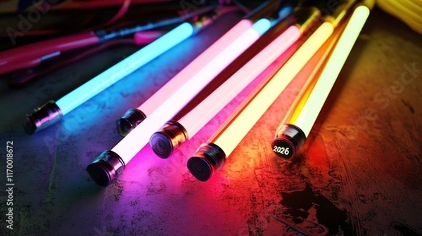Obraz A photorealistic raw image of the year "2026" written in glowing neon tube lights, showcasing vibrant and dynamic colors. The neon tubes emit a powerful, futuristic glow against a dark backdrop, 