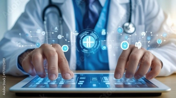 Fototapeta "A person typing on a digital tablet, representing the exchange of health information between healthcare providers, emphasizing Health Information Exchange (HIE) for improved patient care and data sha