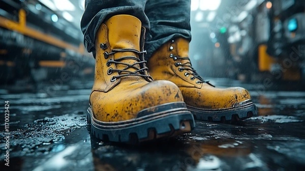 Fototapeta A close-up of sturdy steel-toed boots with oil stains on a slightly wet metallic floor, blurred conveyor belts and control panels in the background,