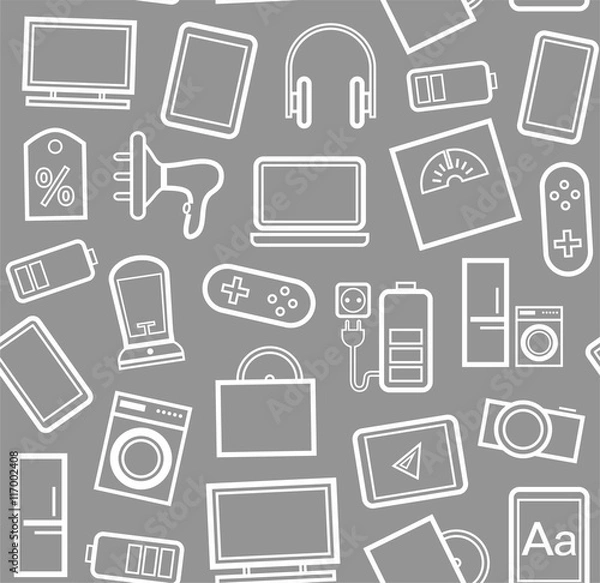 Obraz Gadgets and consumer electronics, grey background, seamless, linear pattern. 