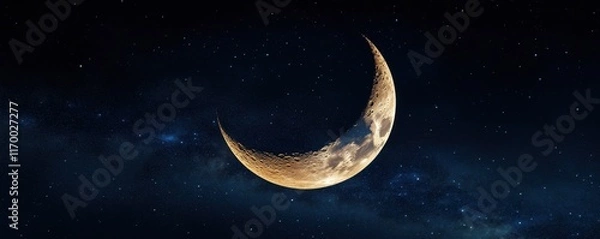 Fototapeta The crescent moon glowing softly in supernatural hues, surrounded by radiant constellations