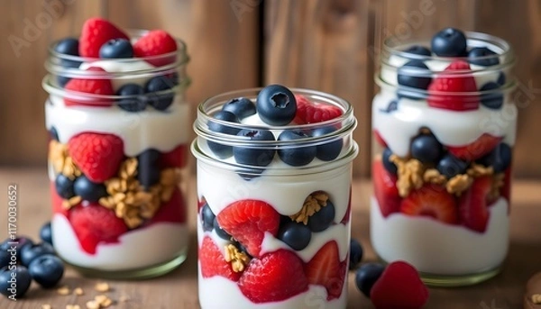 Fototapeta Layered blueberry and raspberry parfaits elegantly presented in mason jars, set against a rustic wooden background