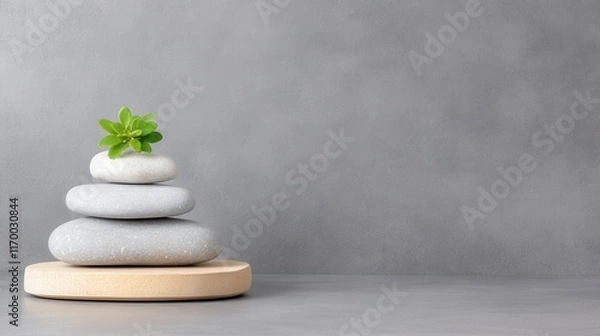 Obraz Serene zen stone stack with green plant on smooth wooden base against gray background