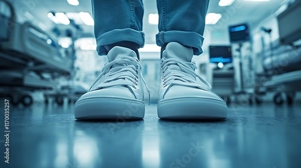 Fototapeta A realistic close-up of clean white shoes with subtle scuff marks standing firmly on a hospital floor, blurred medical monitors and IV stands in the background, cool sterile lighting creating depth,