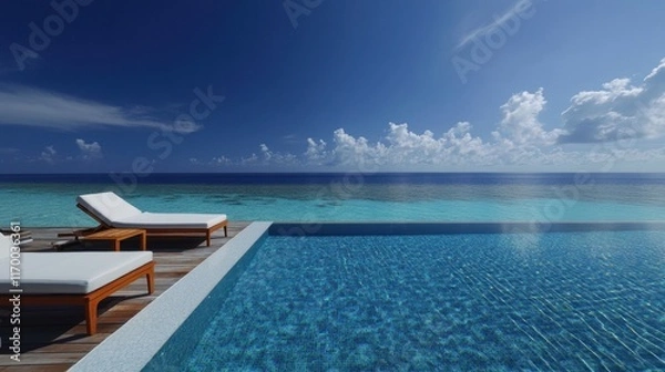 Fototapeta Wide-angle shot of a sunlit infinity pool at a resort, its edges merging with the ocean horizon, inviting chaise lounges framing the scenic view