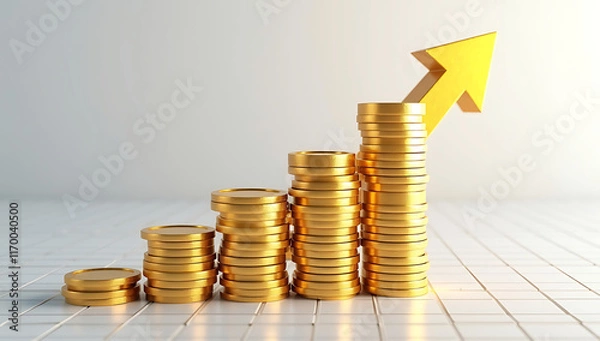 Fototapeta A rising arrow made of stacked coins against a minimalist grid background, symbolizing financial growth.

