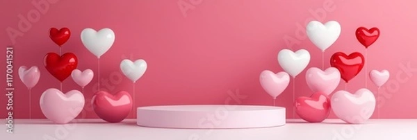 Fototapeta 3D Pink and red hearts decorate a vibrant red background with a minimalistic pink podium, ideal for romantic product presentations. birthday, Mother's Day, and Valentine's Day themes