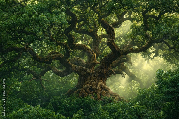 Fototapeta Majestic ancient oak tree with thick, gnarled branches in a sunlit forest.